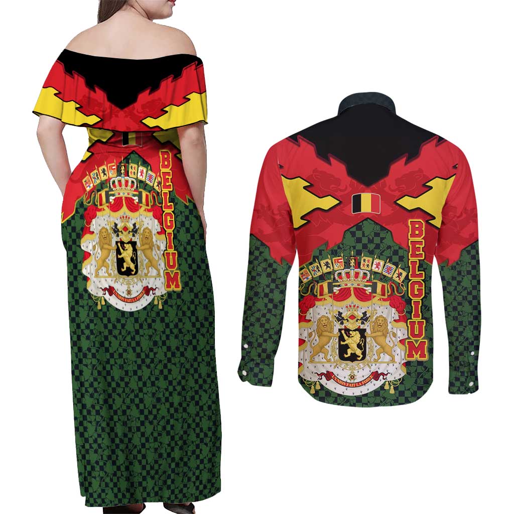 Belgium Couples Matching Off Shoulder Maxi Dress and Long Sleeve Button Shirt with Royal Coat of Arms Crown Lion Red Green Checker Spirit