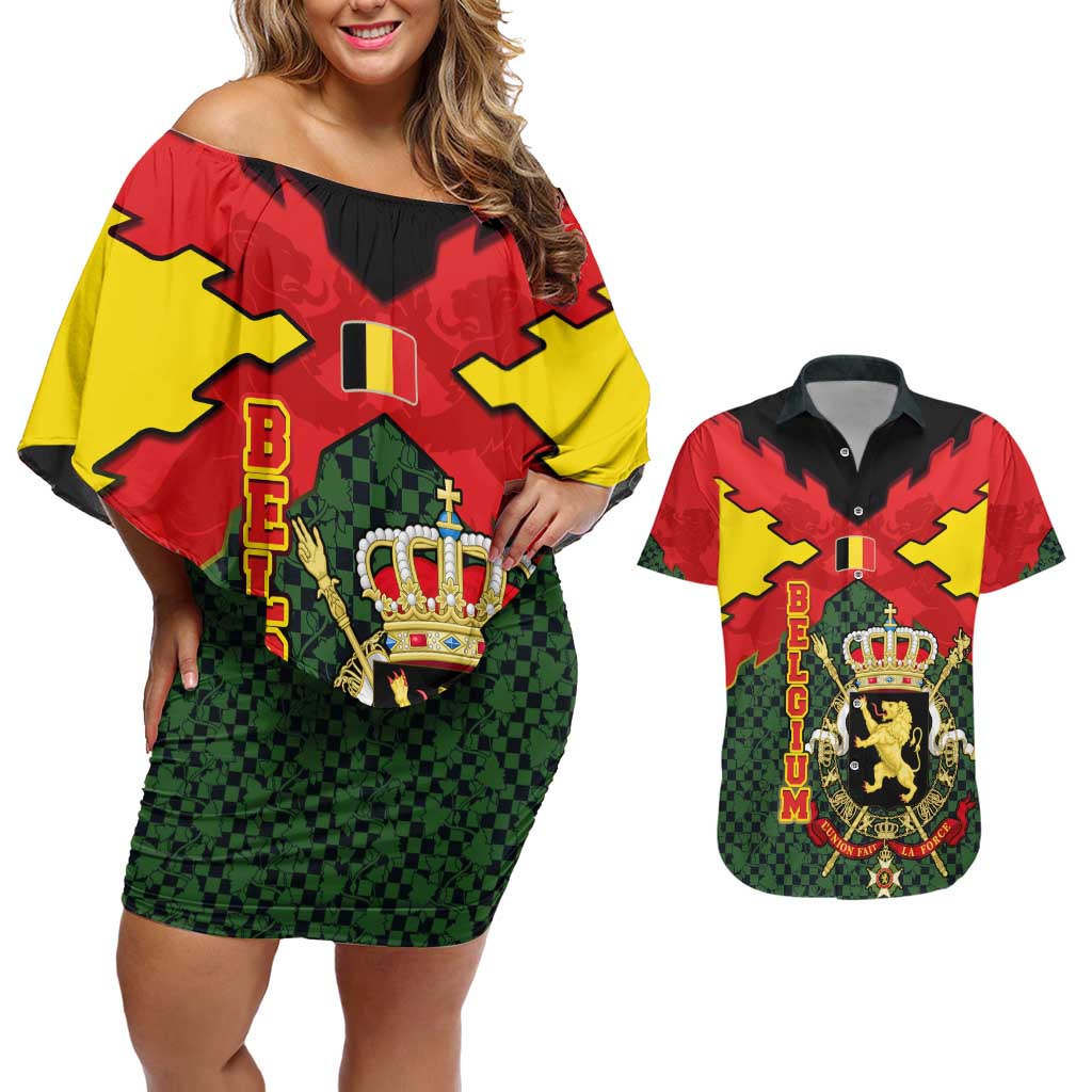 Belgium Couples Matching Off Shoulder Short Dress and Hawaiian Shirt with Royal Coat of Arms Crown Lion Red Green Checker Spirit