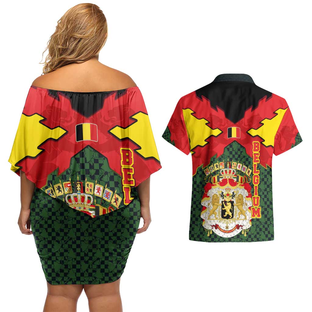 Belgium Couples Matching Off Shoulder Short Dress and Hawaiian Shirt with Royal Coat of Arms Crown Lion Red Green Checker Spirit