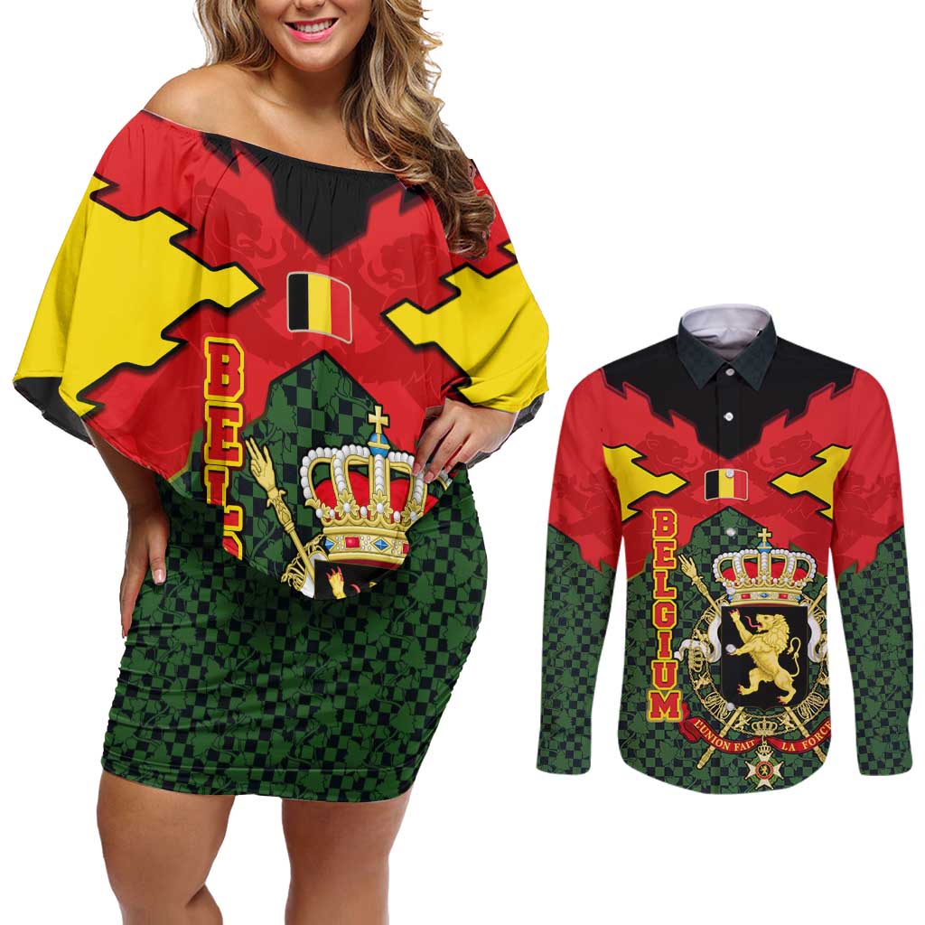 Belgium Couples Matching Off Shoulder Short Dress and Long Sleeve Button Shirt with Royal Coat of Arms Crown Lion Red Green Checker Spirit