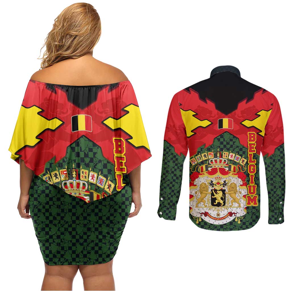 Belgium Couples Matching Off Shoulder Short Dress and Long Sleeve Button Shirt with Royal Coat of Arms Crown Lion Red Green Checker Spirit