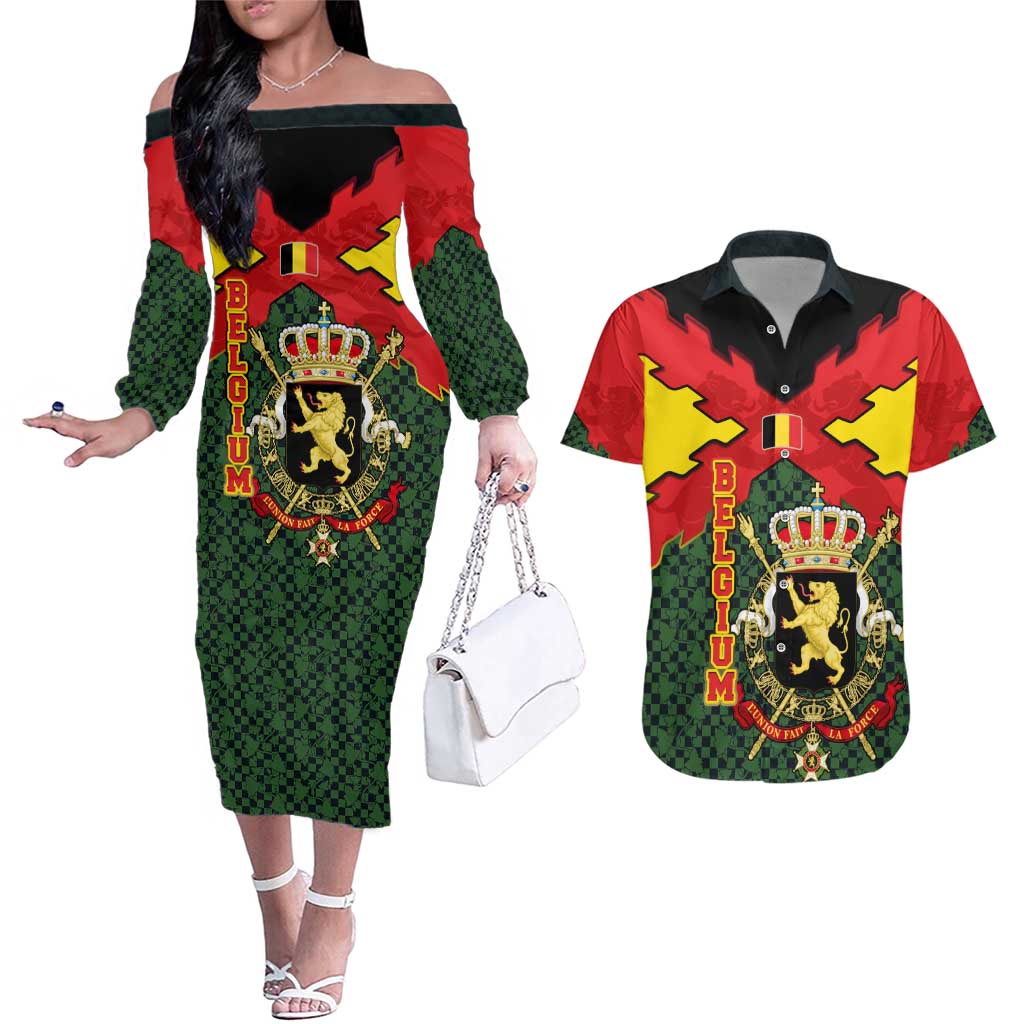 Belgium Couples Matching Off The Shoulder Long Sleeve Dress and Hawaiian Shirt with Royal Coat of Arms Crown Lion Red Green Checker Spirit