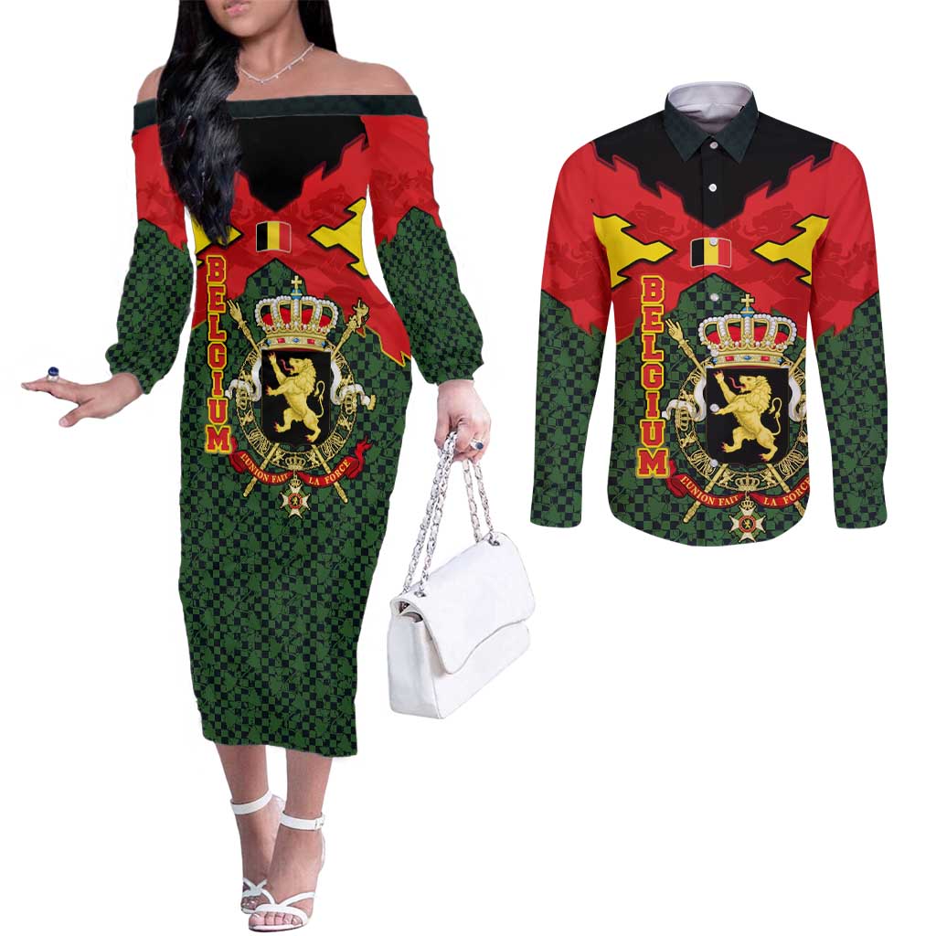 Belgium Couples Matching Off The Shoulder Long Sleeve Dress and Long Sleeve Button Shirt with Royal Coat of Arms Crown Lion Red Green Checker Spirit