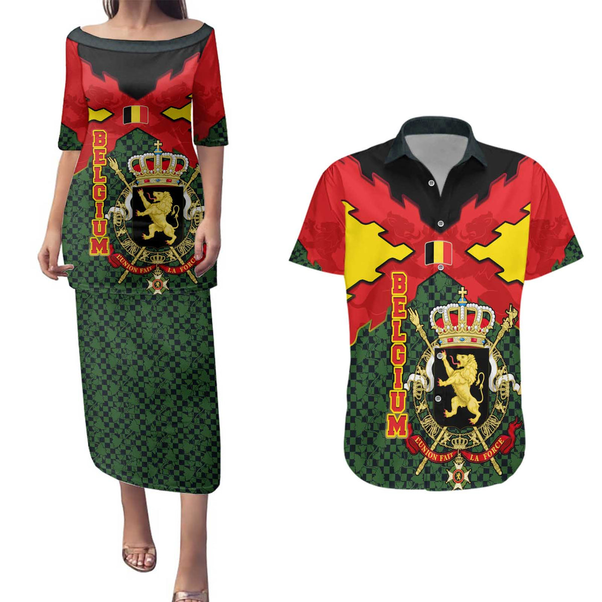 Belgium Couples Matching Puletasi and Hawaiian Shirt with Royal Coat of Arms Crown Lion Red Green Checker Spirit