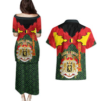 Belgium Couples Matching Puletasi and Hawaiian Shirt with Royal Coat of Arms Crown Lion Red Green Checker Spirit
