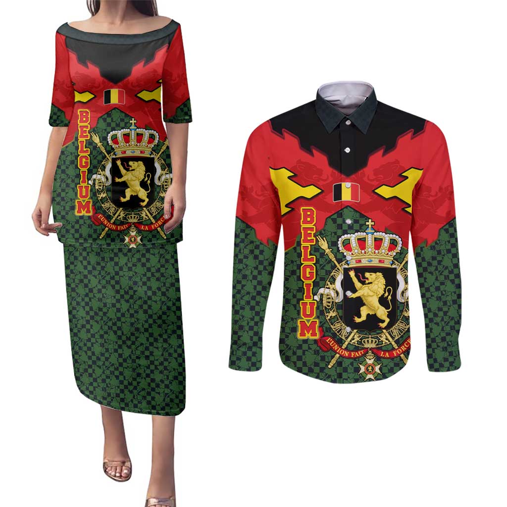 Belgium Couples Matching Puletasi and Long Sleeve Button Shirt with Royal Coat of Arms Crown Lion Red Green Checker Spirit