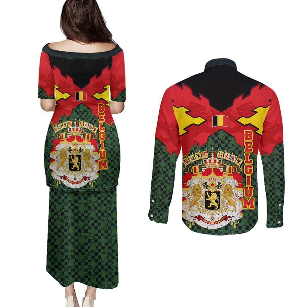 Belgium Couples Matching Puletasi and Long Sleeve Button Shirt with Royal Coat of Arms Crown Lion Red Green Checker Spirit