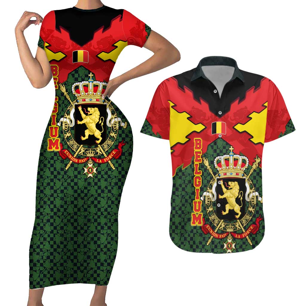 Belgium Couples Matching Short Sleeve Bodycon Dress and Hawaiian Shirt with Royal Coat of Arms Crown Lion Red Green Checker Spirit