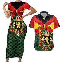 Belgium Couples Matching Short Sleeve Bodycon Dress and Hawaiian Shirt with Royal Coat of Arms Crown Lion Red Green Checker Spirit