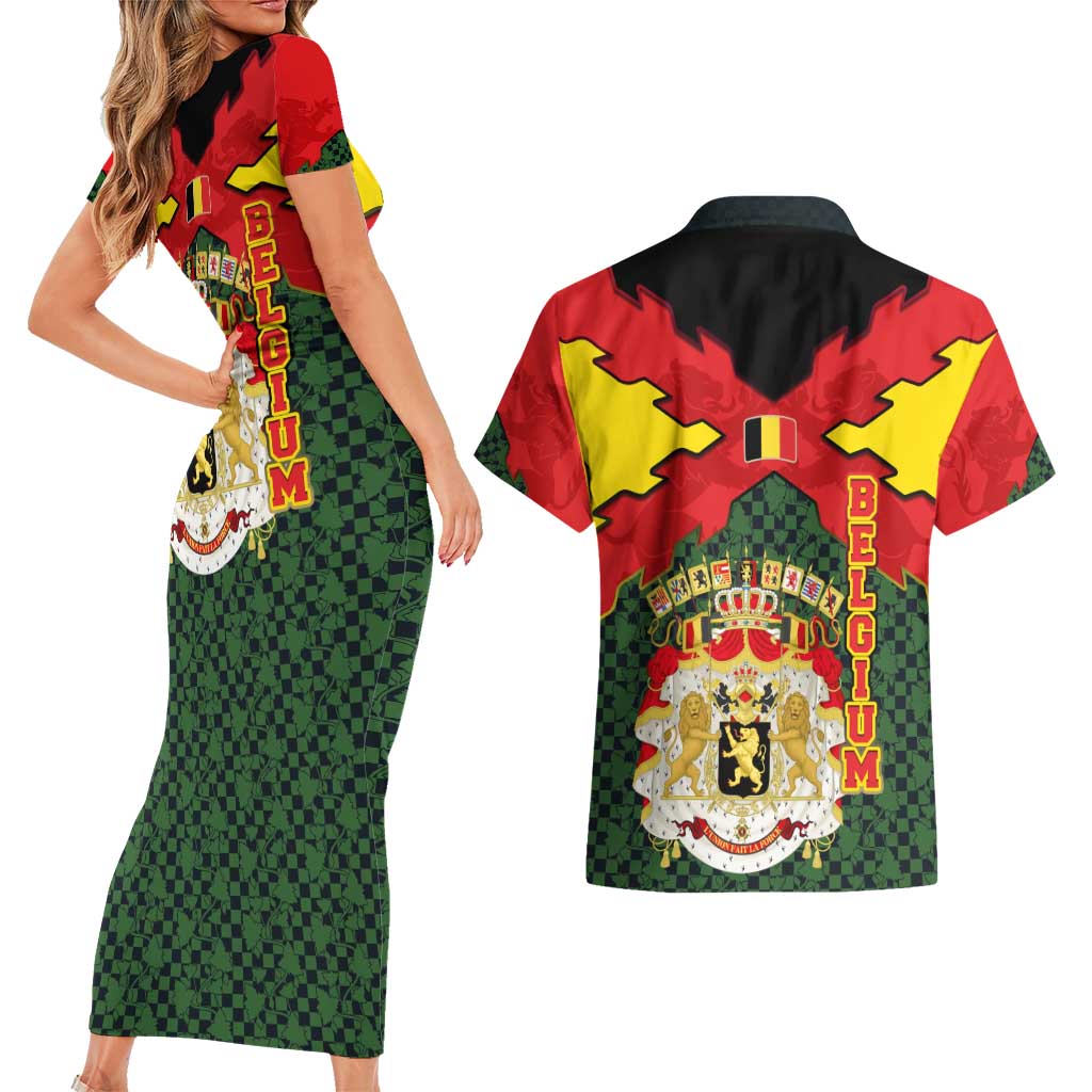 Belgium Couples Matching Short Sleeve Bodycon Dress and Hawaiian Shirt with Royal Coat of Arms Crown Lion Red Green Checker Spirit