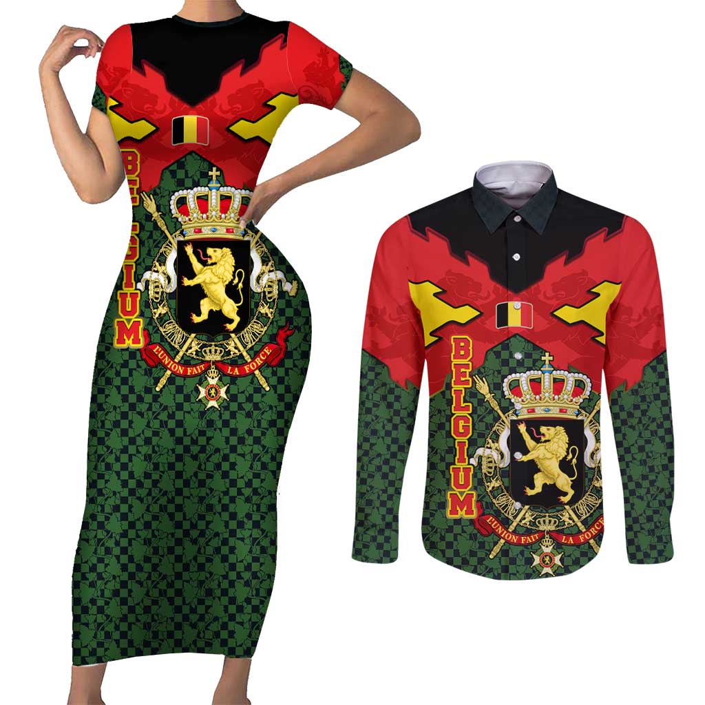 Belgium Couples Matching Short Sleeve Bodycon Dress and Long Sleeve Button Shirt with Royal Coat of Arms Crown Lion Red Green Checker Spirit
