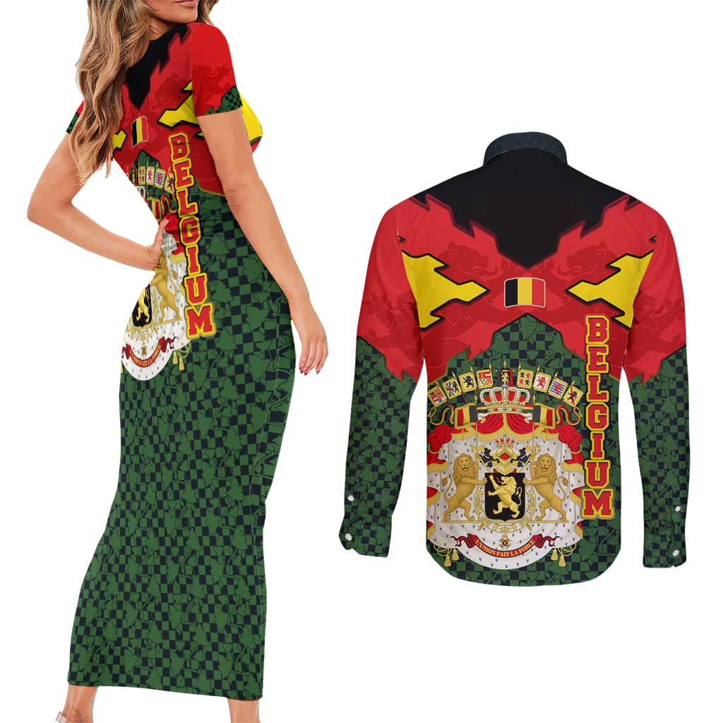 Belgium Couples Matching Short Sleeve Bodycon Dress and Long Sleeve Button Shirt with Royal Coat of Arms Crown Lion Red Green Checker Spirit