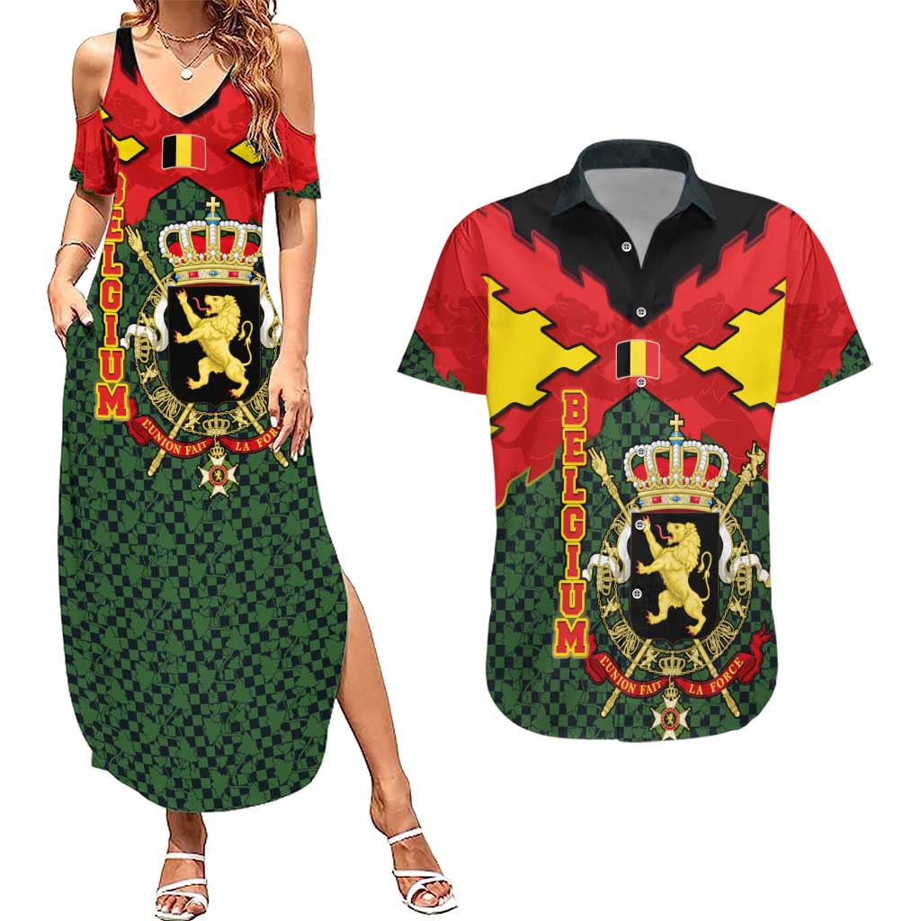 Belgium Couples Matching Summer Maxi Dress and Hawaiian Shirt with Royal Coat of Arms Crown Lion Red Green Checker Spirit