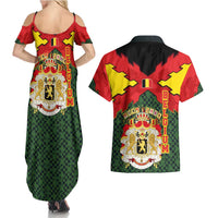 Belgium Couples Matching Summer Maxi Dress and Hawaiian Shirt with Royal Coat of Arms Crown Lion Red Green Checker Spirit