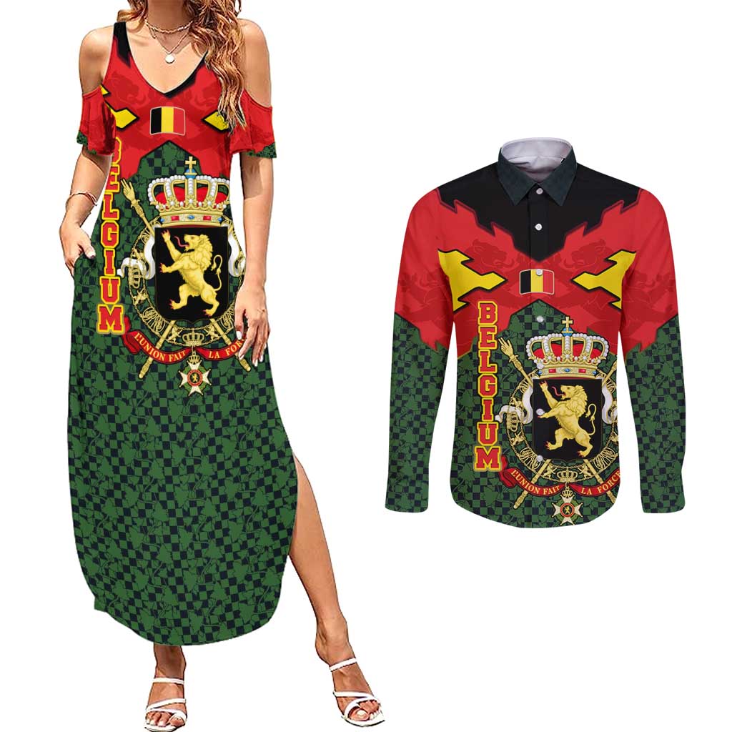 Belgium Couples Matching Summer Maxi Dress and Long Sleeve Button Shirt with Royal Coat of Arms Crown Lion Red Green Checker Spirit