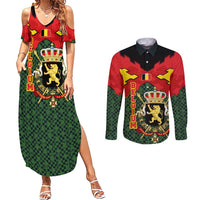 Belgium Couples Matching Summer Maxi Dress and Long Sleeve Button Shirt with Royal Coat of Arms Crown Lion Red Green Checker Spirit
