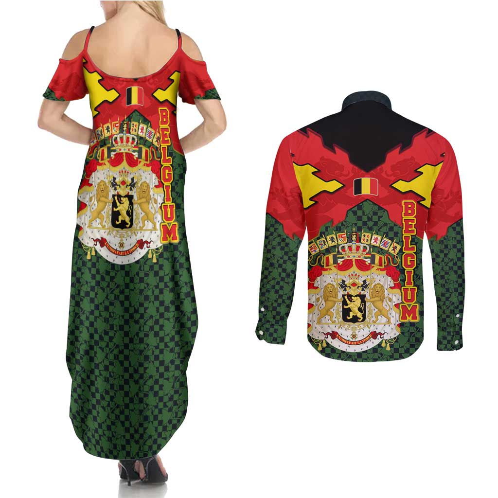 Belgium Couples Matching Summer Maxi Dress and Long Sleeve Button Shirt with Royal Coat of Arms Crown Lion Red Green Checker Spirit