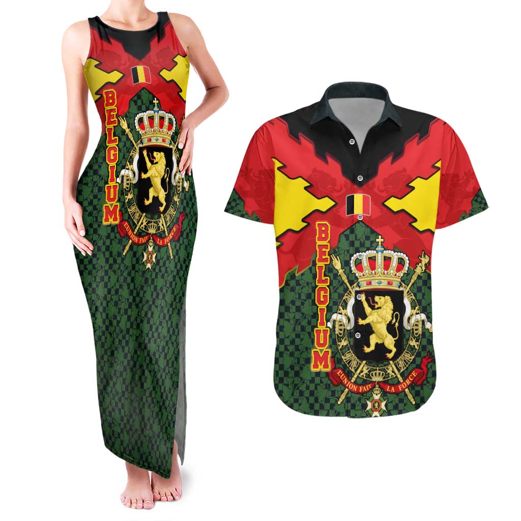 Belgium Couples Matching Tank Maxi Dress and Hawaiian Shirt with Royal Coat of Arms Crown Lion Red Green Checker Spirit