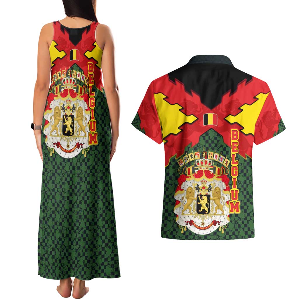 Belgium Couples Matching Tank Maxi Dress and Hawaiian Shirt with Royal Coat of Arms Crown Lion Red Green Checker Spirit
