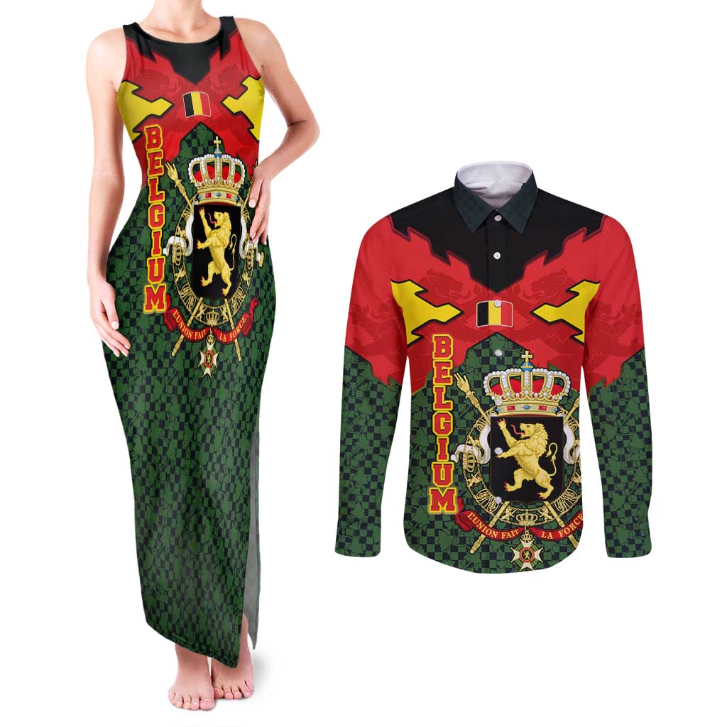 Belgium Couples Matching Tank Maxi Dress and Long Sleeve Button Shirt with Royal Coat of Arms Crown Lion Red Green Checker Spirit