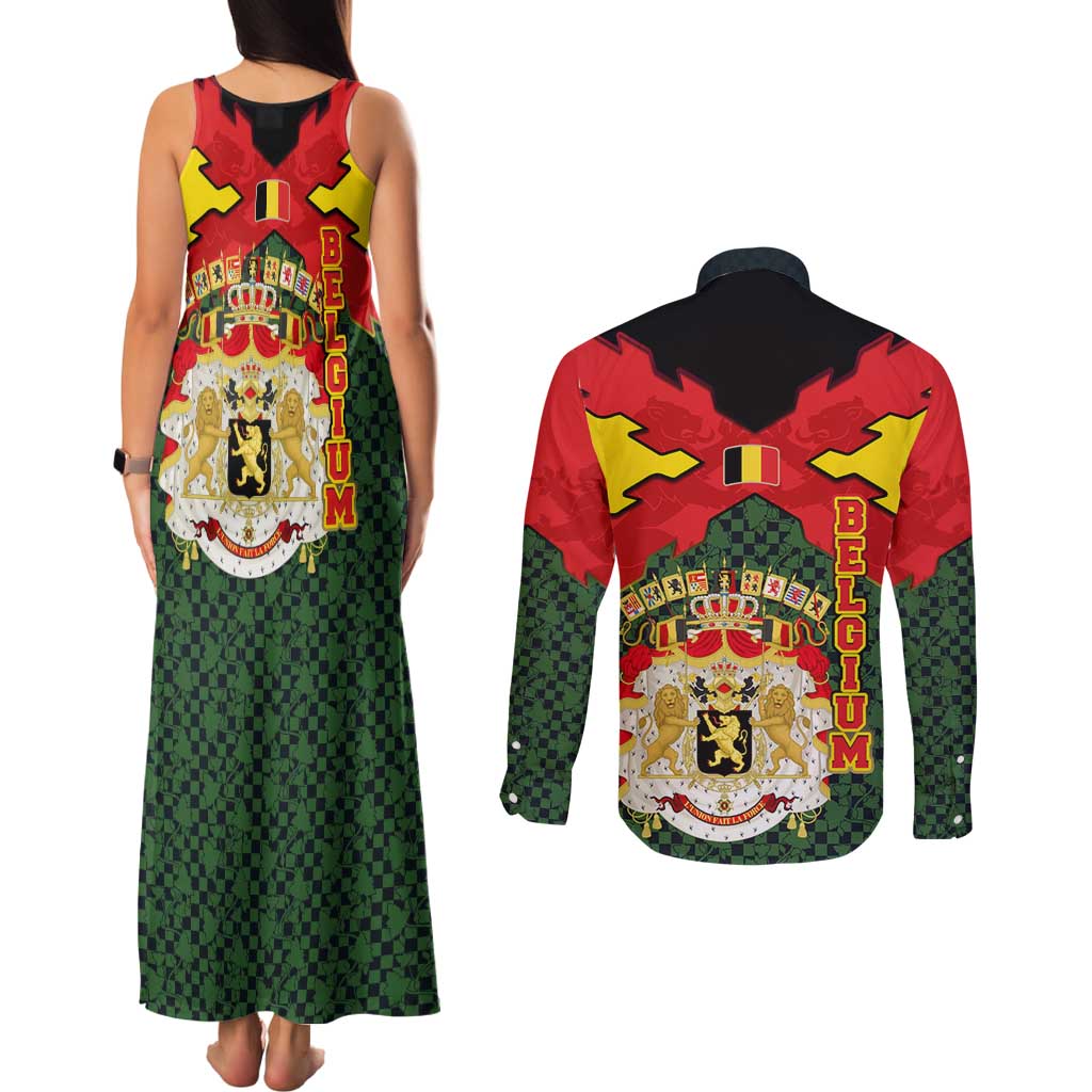 Belgium Couples Matching Tank Maxi Dress and Long Sleeve Button Shirt with Royal Coat of Arms Crown Lion Red Green Checker Spirit