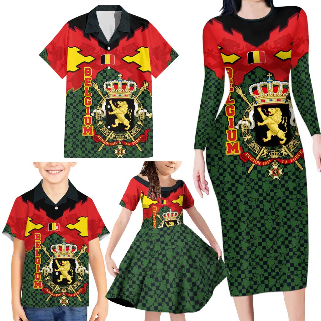 Belgium Family Matching Long Sleeve Bodycon Dress and Hawaiian Shirt with Royal Coat of Arms Crown Lion Red Green Checker Spirit