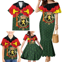 Belgium Family Matching Mermaid Dress and Hawaiian Shirt with Royal Coat of Arms Crown Lion Red Green Checker Spirit