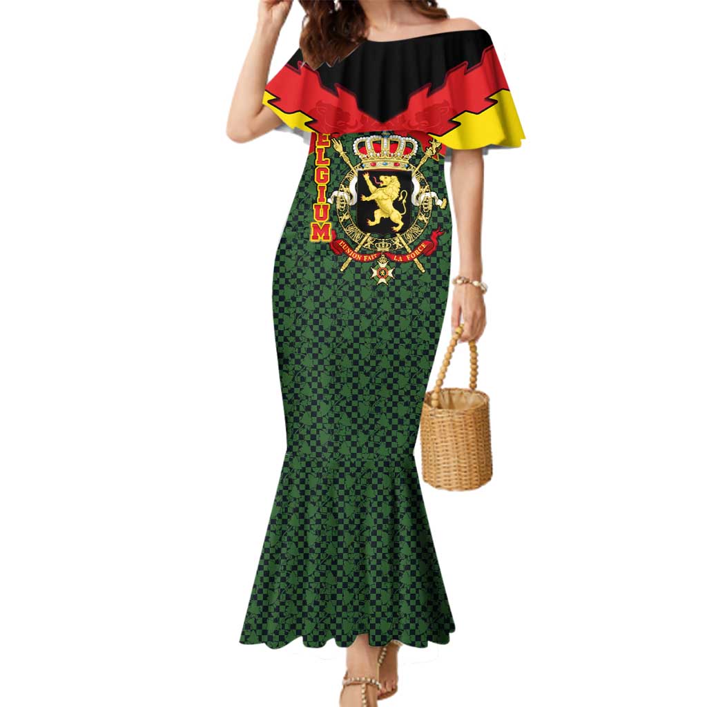 Belgium Family Matching Mermaid Dress and Hawaiian Shirt with Royal Coat of Arms Crown Lion Red Green Checker Spirit