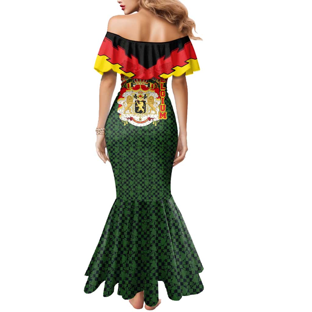 Belgium Family Matching Mermaid Dress and Hawaiian Shirt with Royal Coat of Arms Crown Lion Red Green Checker Spirit