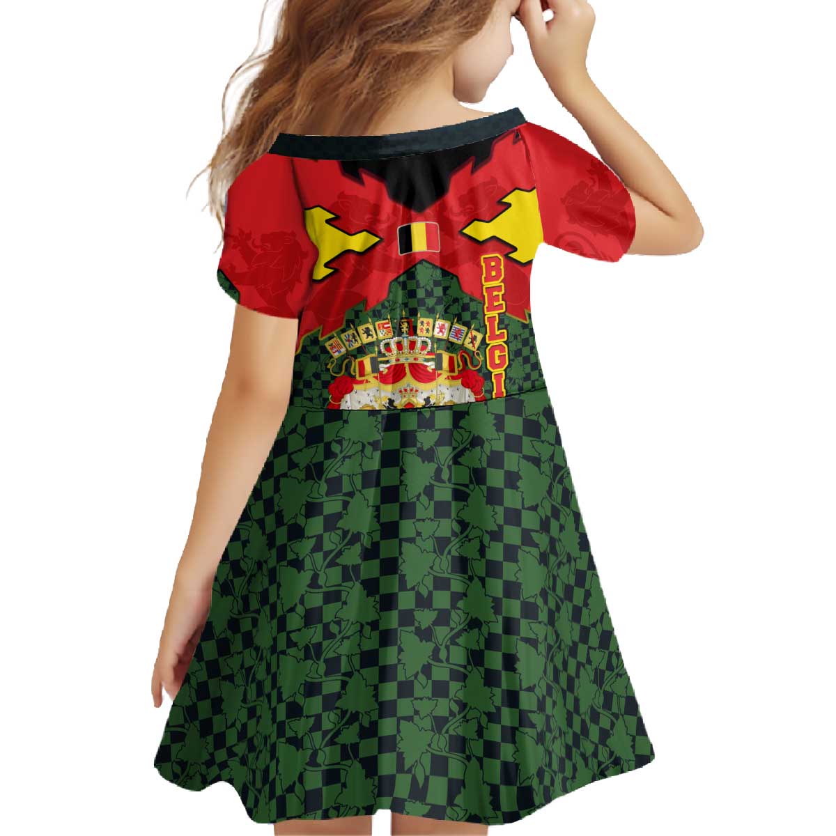 Belgium Family Matching Off The Shoulder Long Sleeve Dress and Hawaiian Shirt with Royal Coat of Arms Crown Lion Red Green Checker Spirit