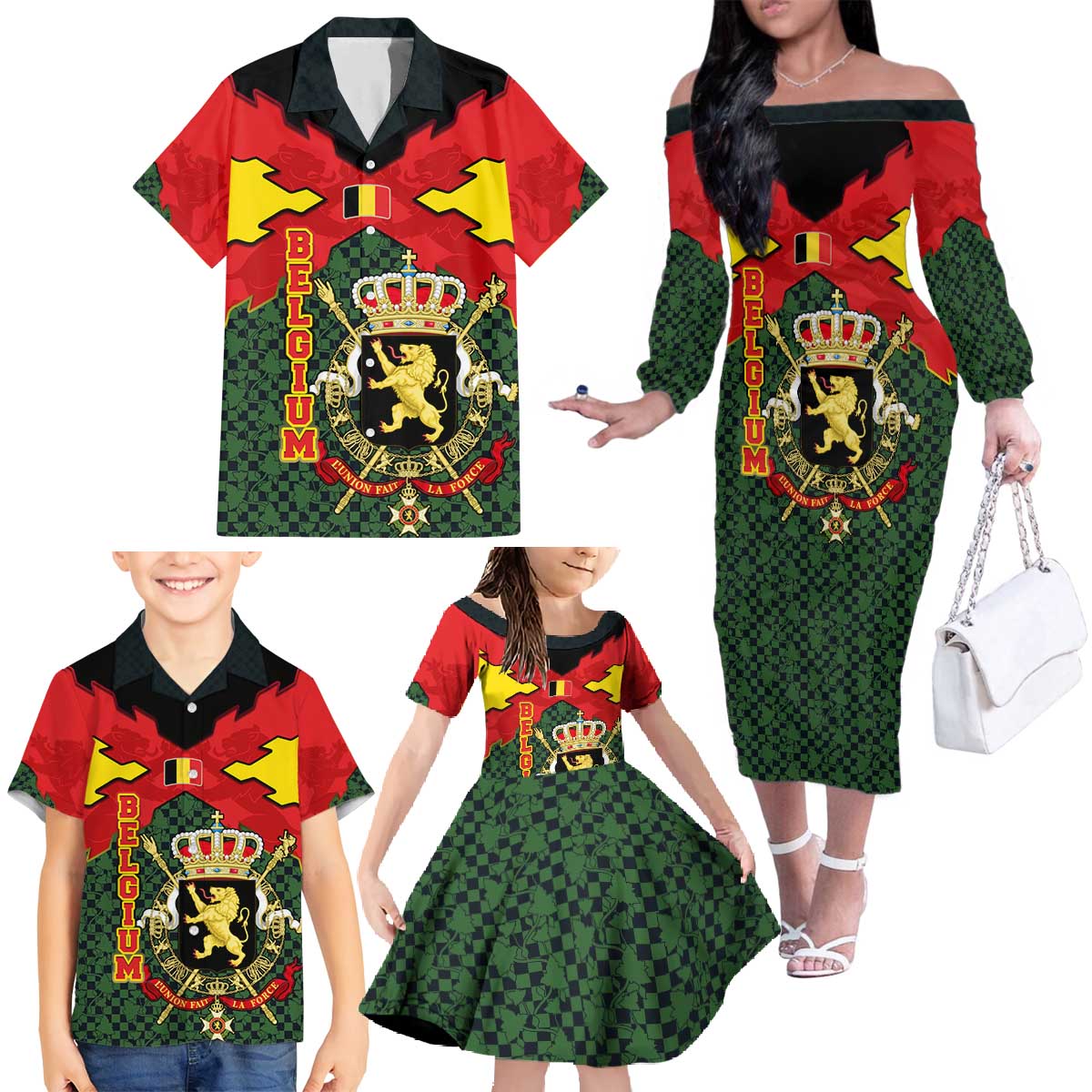 Belgium Family Matching Off The Shoulder Long Sleeve Dress and Hawaiian Shirt with Royal Coat of Arms Crown Lion Red Green Checker Spirit