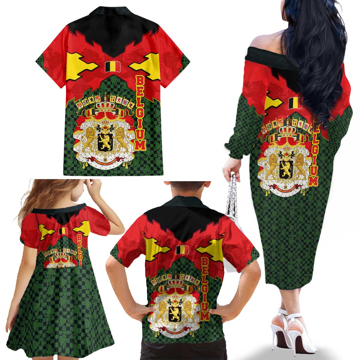 Belgium Family Matching Off The Shoulder Long Sleeve Dress and Hawaiian Shirt with Royal Coat of Arms Crown Lion Red Green Checker Spirit