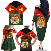 Belgium Family Matching Off The Shoulder Long Sleeve Dress and Hawaiian Shirt with Royal Coat of Arms Crown Lion Red Green Checker Spirit