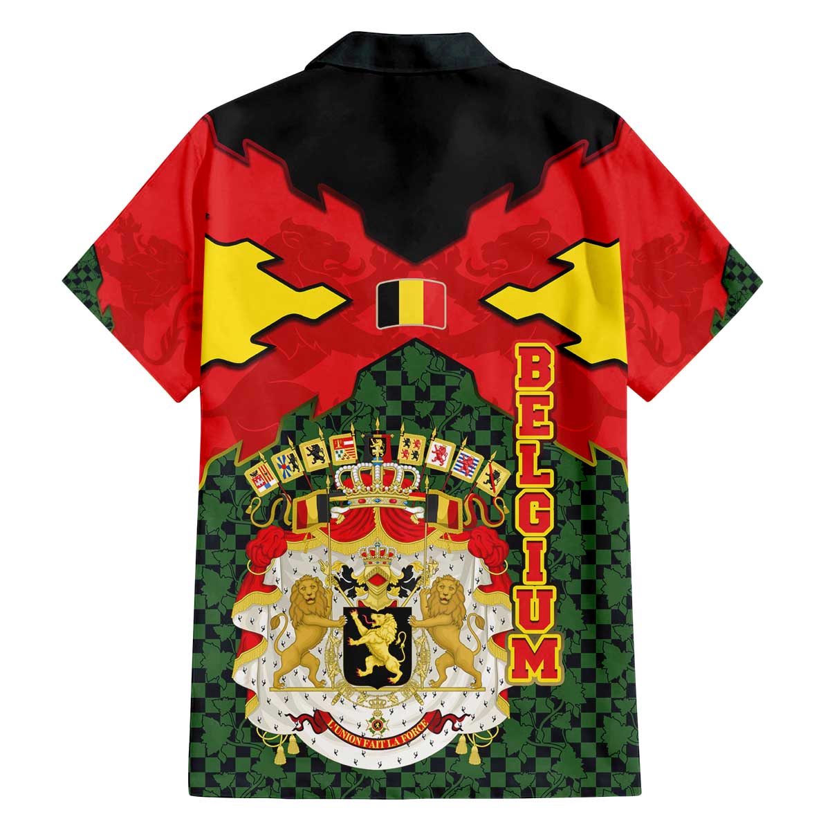 Belgium Family Matching Off The Shoulder Long Sleeve Dress and Hawaiian Shirt with Royal Coat of Arms Crown Lion Red Green Checker Spirit