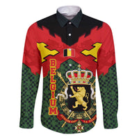 Belgium Family Matching Off The Shoulder Long Sleeve Dress and Hawaiian Shirt with Royal Coat of Arms Crown Lion Red Green Checker Spirit