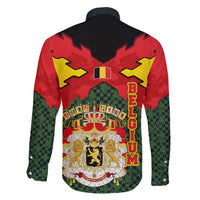 Belgium Family Matching Off The Shoulder Long Sleeve Dress and Hawaiian Shirt with Royal Coat of Arms Crown Lion Red Green Checker Spirit