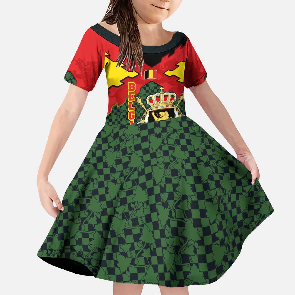 Belgium Family Matching Off Shoulder Maxi Dress and Hawaiian Shirt with Royal Coat of Arms Crown Lion Red Green Checker Spirit