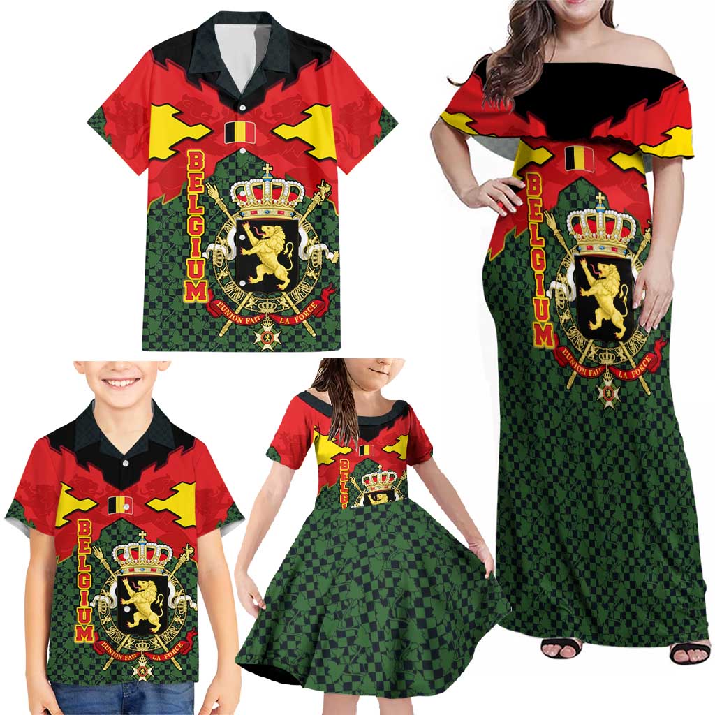 Belgium Family Matching Off Shoulder Maxi Dress and Hawaiian Shirt with Royal Coat of Arms Crown Lion Red Green Checker Spirit