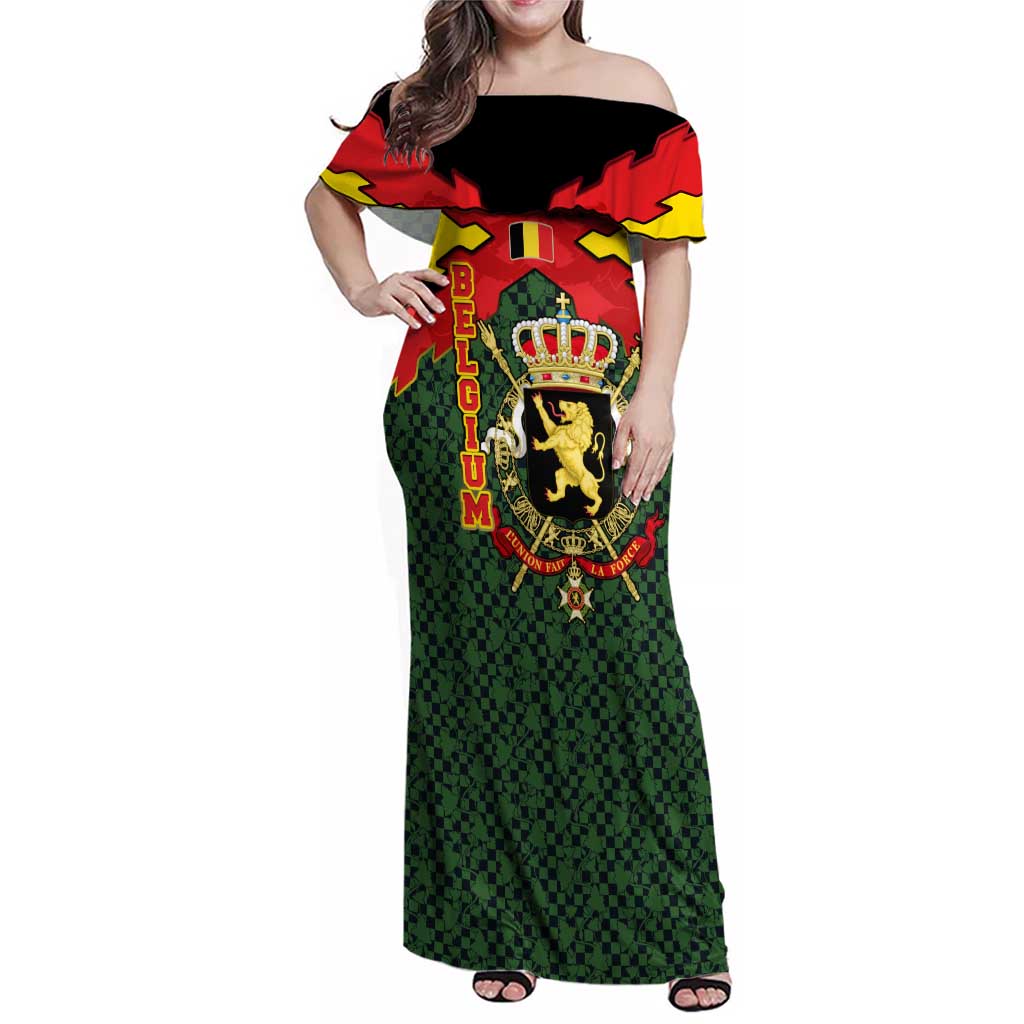 Belgium Family Matching Off Shoulder Maxi Dress and Hawaiian Shirt with Royal Coat of Arms Crown Lion Red Green Checker Spirit