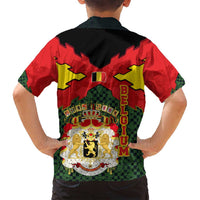 Belgium Family Matching Off Shoulder Short Dress and Hawaiian Shirt with Royal Coat of Arms Crown Lion Red Green Checker Spirit