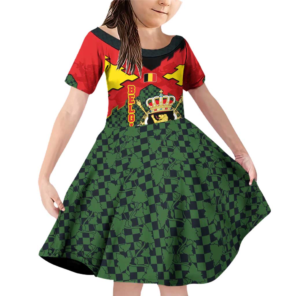 Belgium Family Matching Off Shoulder Short Dress and Hawaiian Shirt with Royal Coat of Arms Crown Lion Red Green Checker Spirit