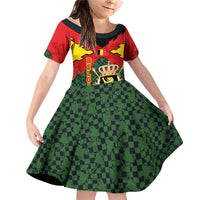 Belgium Family Matching Off Shoulder Short Dress and Hawaiian Shirt with Royal Coat of Arms Crown Lion Red Green Checker Spirit