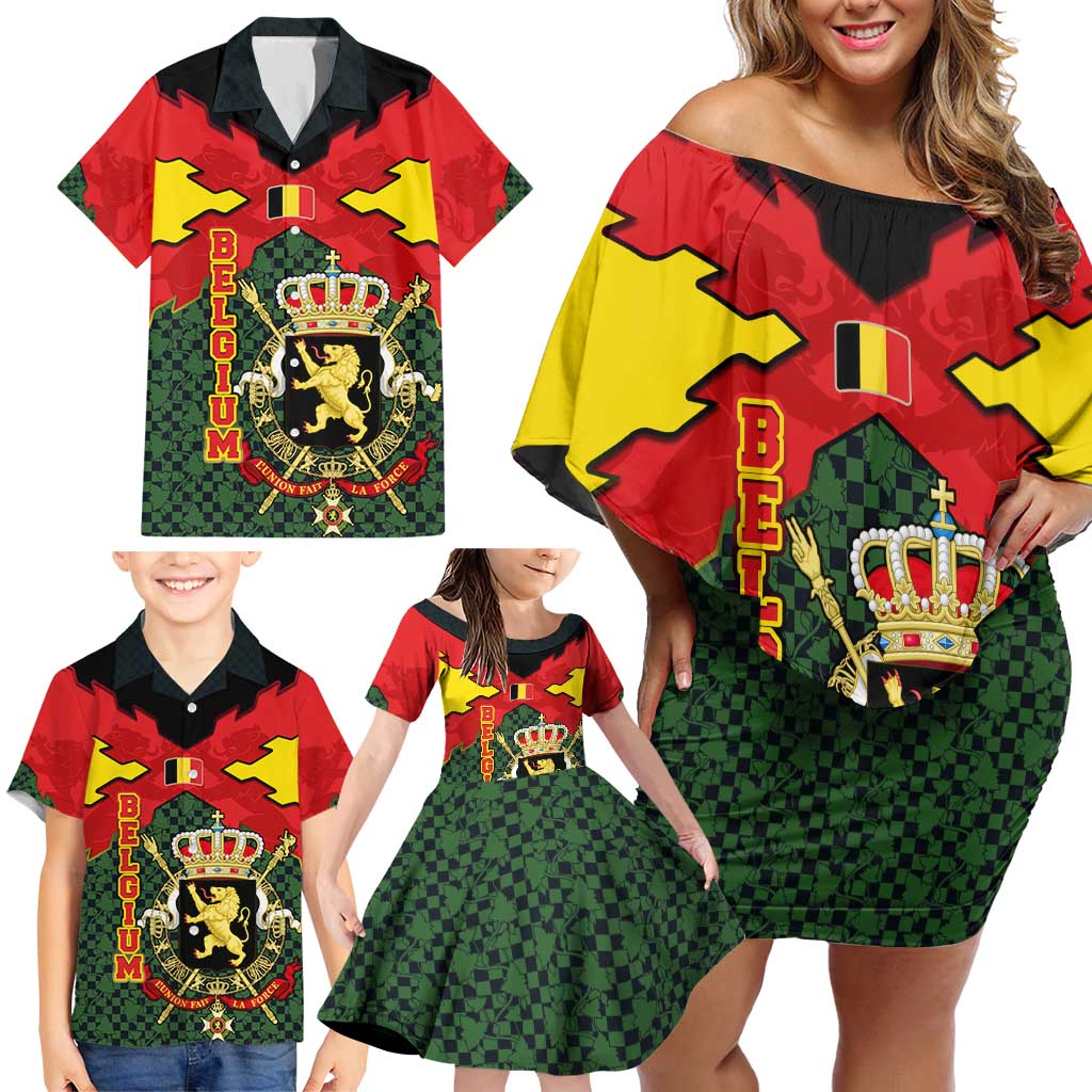 Belgium Family Matching Off Shoulder Short Dress and Hawaiian Shirt with Royal Coat of Arms Crown Lion Red Green Checker Spirit