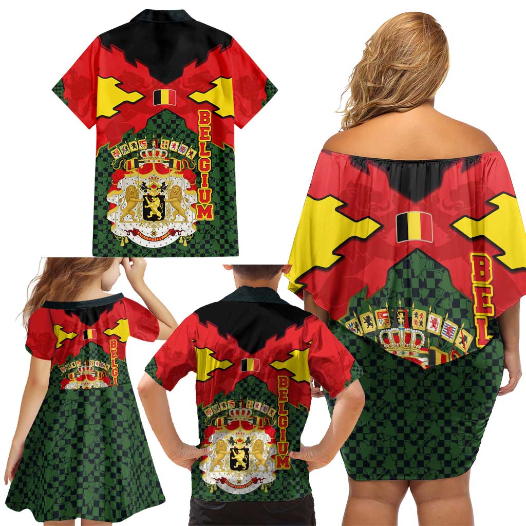 Belgium Family Matching Off Shoulder Short Dress and Hawaiian Shirt with Royal Coat of Arms Crown Lion Red Green Checker Spirit