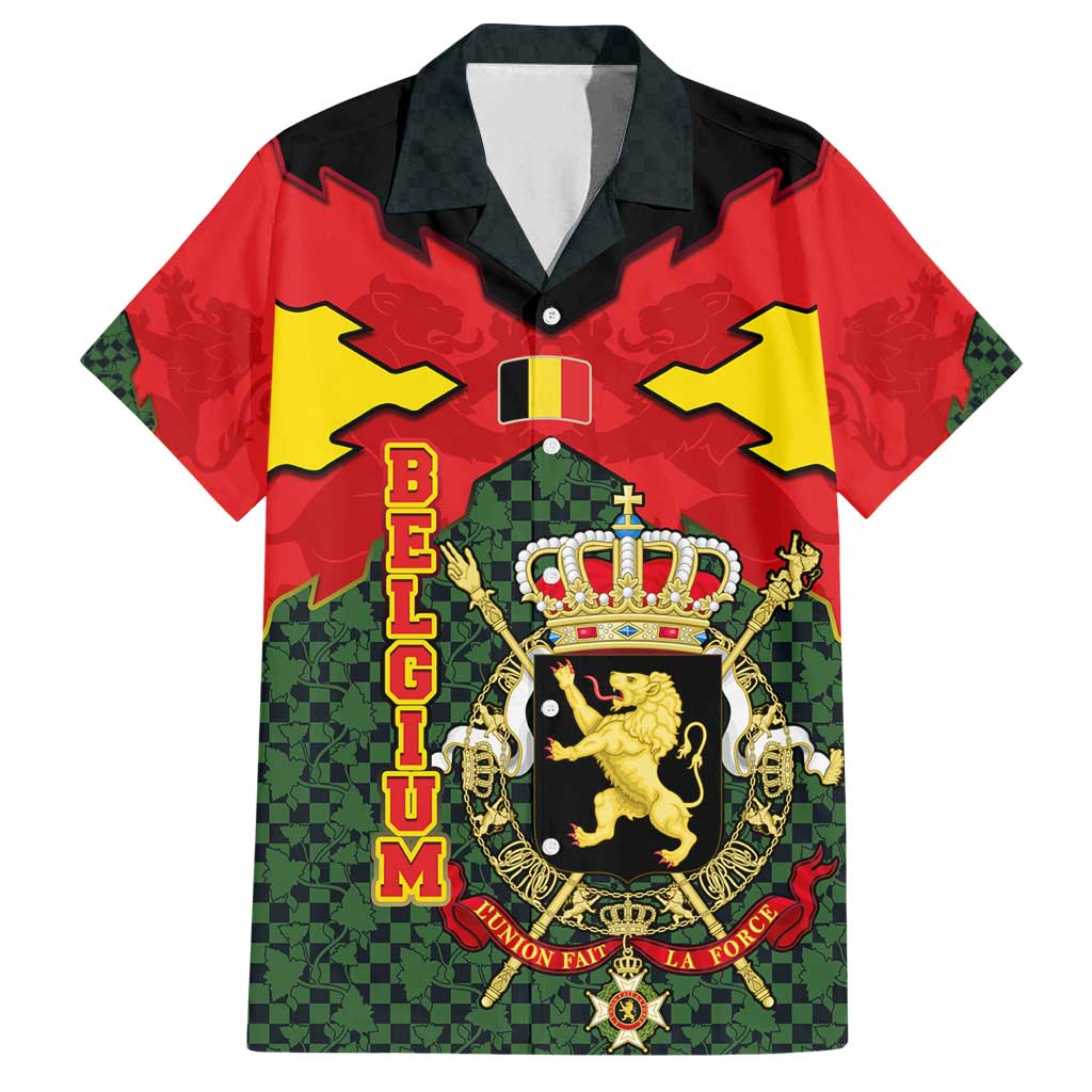 Belgium Family Matching Off Shoulder Short Dress and Hawaiian Shirt with Royal Coat of Arms Crown Lion Red Green Checker Spirit