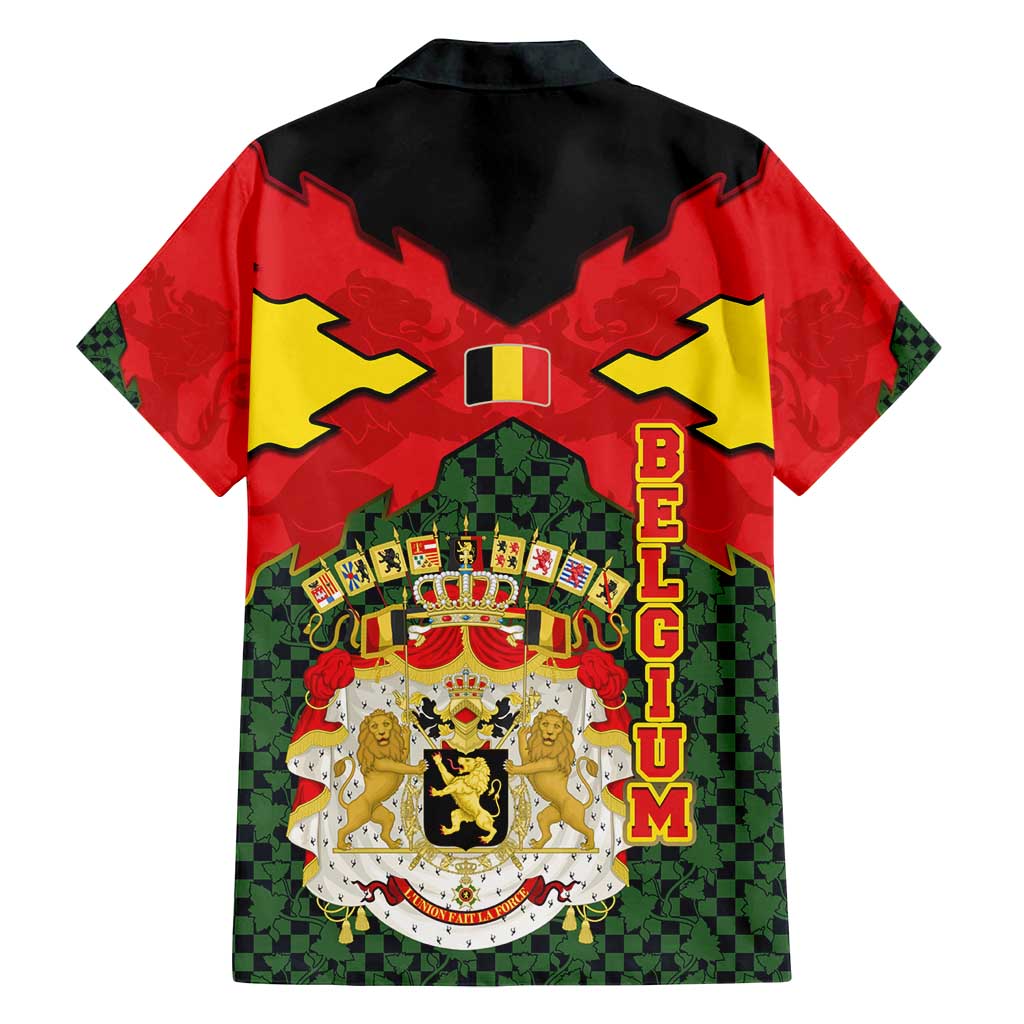 Belgium Family Matching Off Shoulder Short Dress and Hawaiian Shirt with Royal Coat of Arms Crown Lion Red Green Checker Spirit