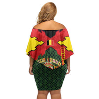 Belgium Family Matching Off Shoulder Short Dress and Hawaiian Shirt with Royal Coat of Arms Crown Lion Red Green Checker Spirit