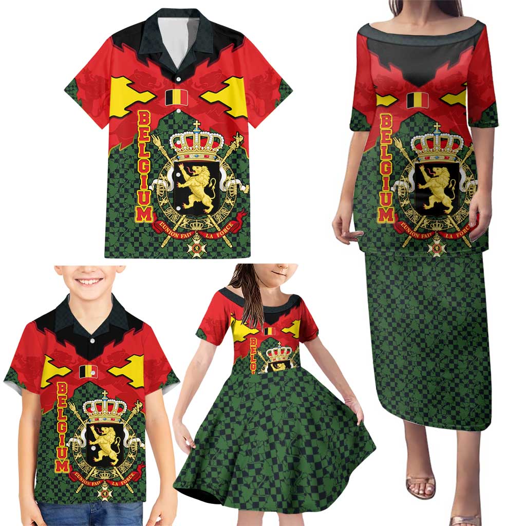 Belgium Family Matching Puletasi and Hawaiian Shirt with Royal Coat of Arms Crown Lion Red Green Checker Spirit