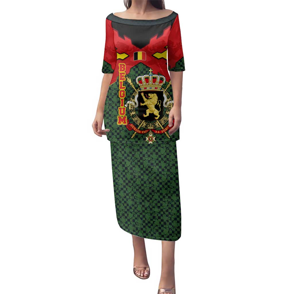 Belgium Family Matching Puletasi and Hawaiian Shirt with Royal Coat of Arms Crown Lion Red Green Checker Spirit