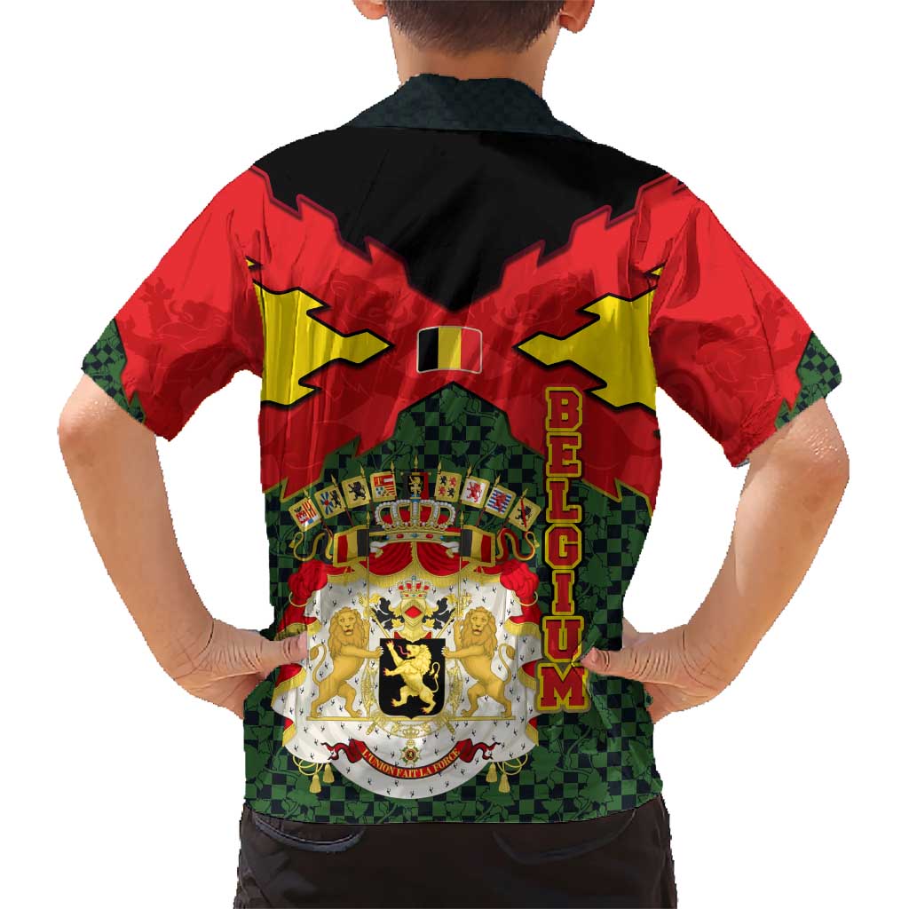 Belgium Family Matching Short Sleeve Bodycon Dress and Hawaiian Shirt with Royal Coat of Arms Crown Lion Red Green Checker Spirit